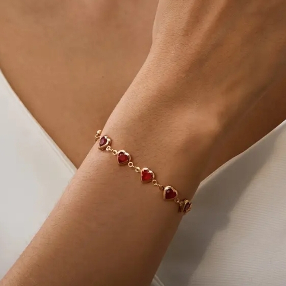 Gold Heart Bracelet with Red Accents